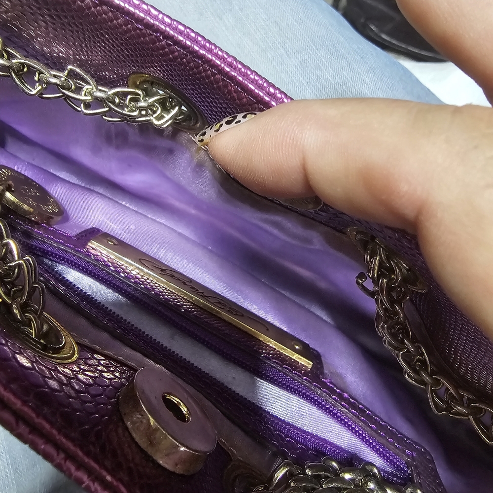 Ed Hardy Purple satin handbag with chain handles and Oriental Floral Print - Picture 3 of 6